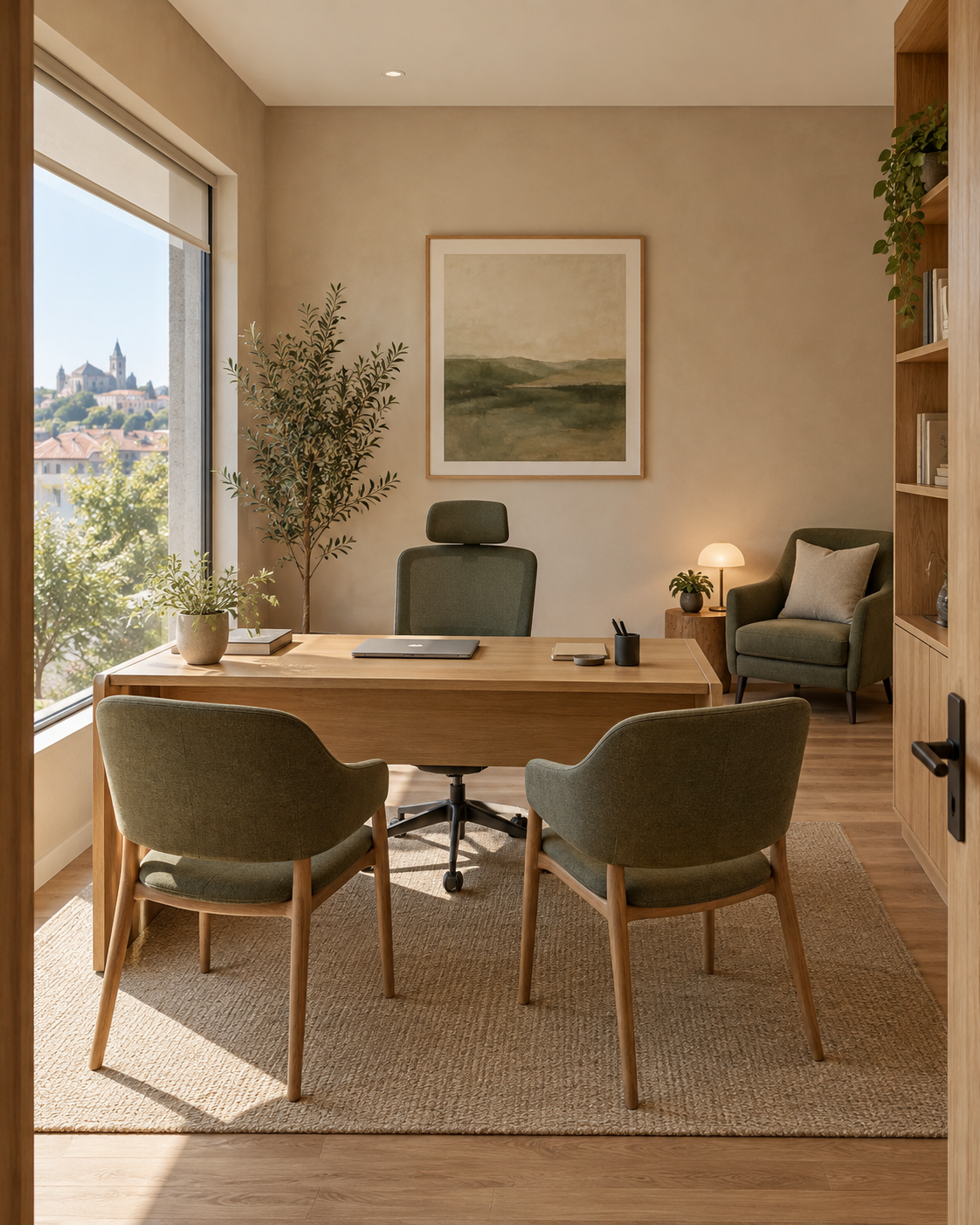 Imagem conceptual de um gabinete com mesa de madeira, cadeiras de atendimento e luz natural